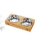 Bamboo double bowl stand with two stainless steel bowls