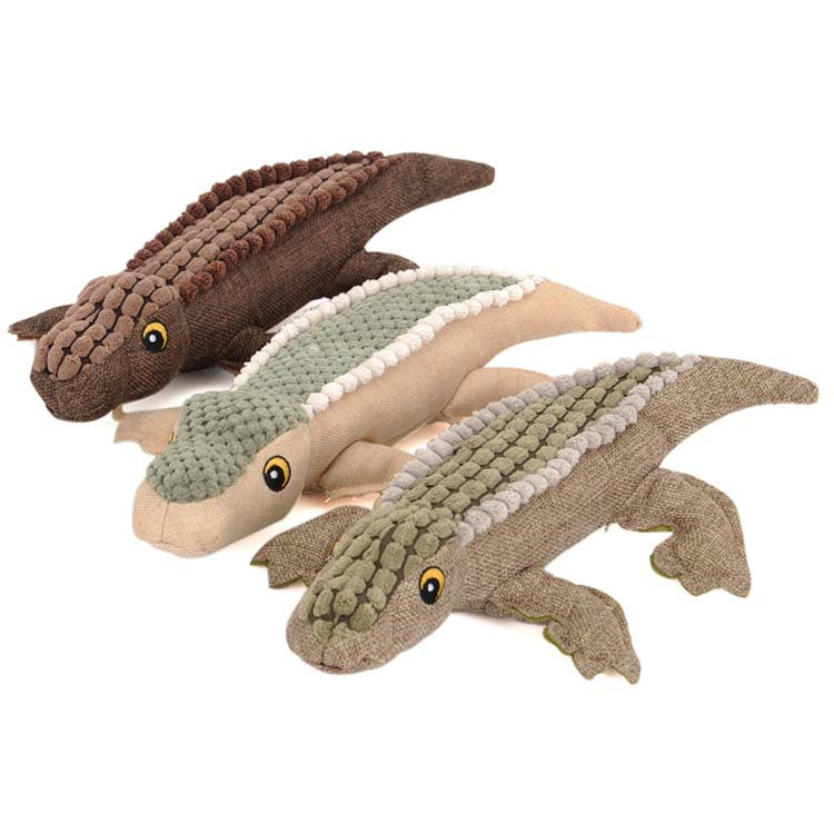 Plush crocodile dog toys in brown, green and beige
