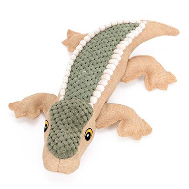 Green and beige plush crocodile dog toy