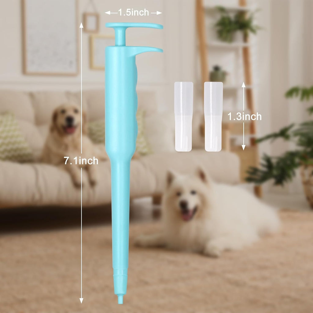 Blue pill dispenser next to a dog