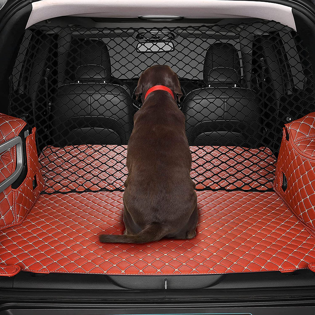 Dog sitting in the boot with barrier net in place