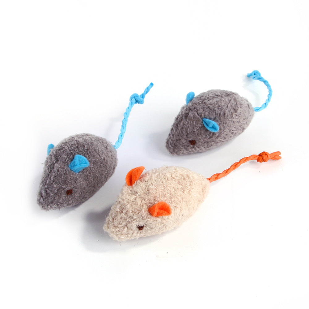 Three plush toy mice with rope tails