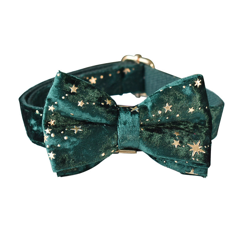 Green star velvet dog collar with bow tie