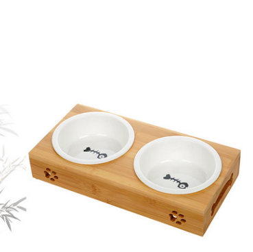 Bamboo double bowl stand with two white ceramic bowls