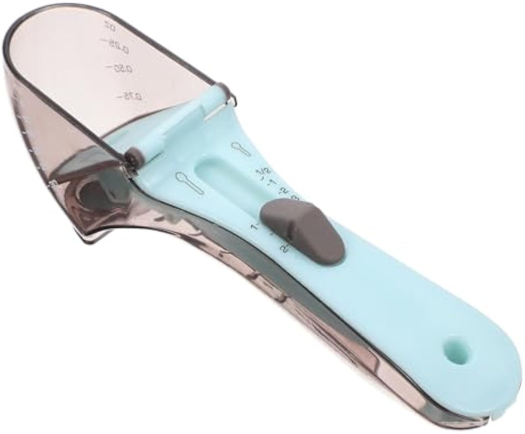 Adjustable pet food measuring scoop in light blue