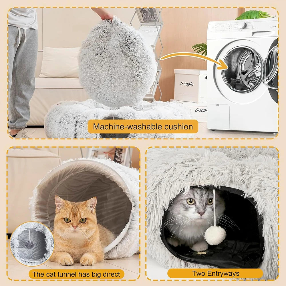 Plush Cat Tunnel Bed - Folds Into a Round Nest