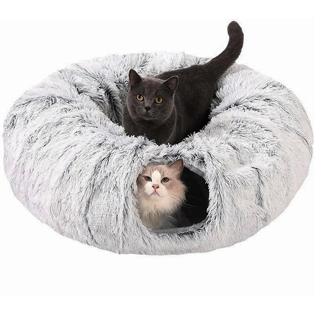 Plush Cat Tunnel Bed - Folds Into a Round Nest
