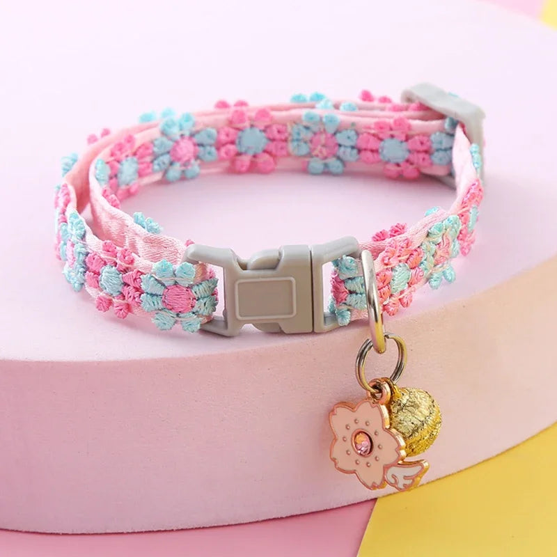 Cherry Blossom Cat Collar – Embroidered Breakaway Collar with Bell