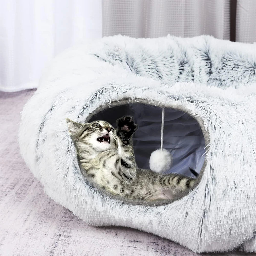 Plush Cat Tunnel Bed - Folds Into a Round Nest