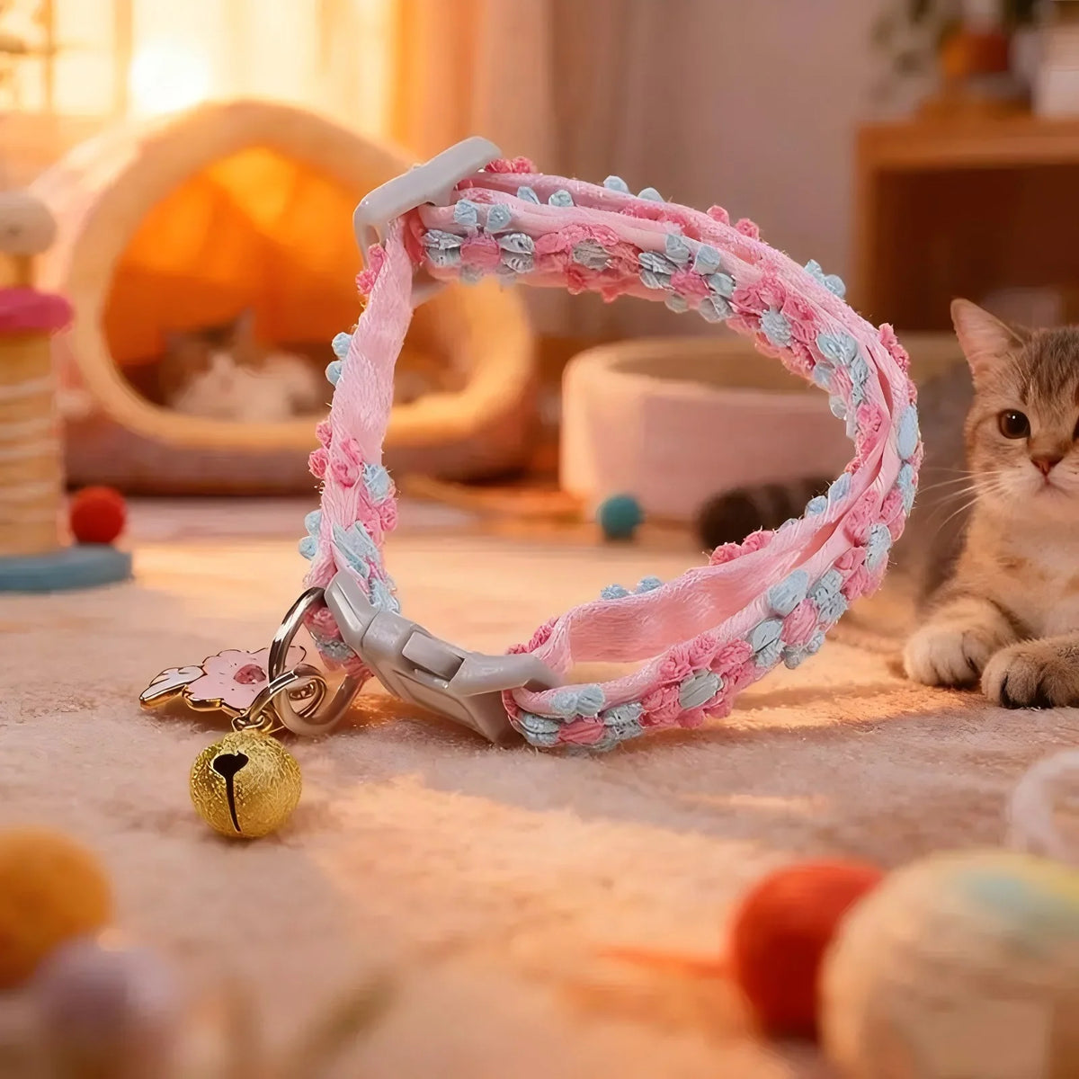 Cherry Blossom Cat Collar – Embroidered Breakaway Collar with Bell