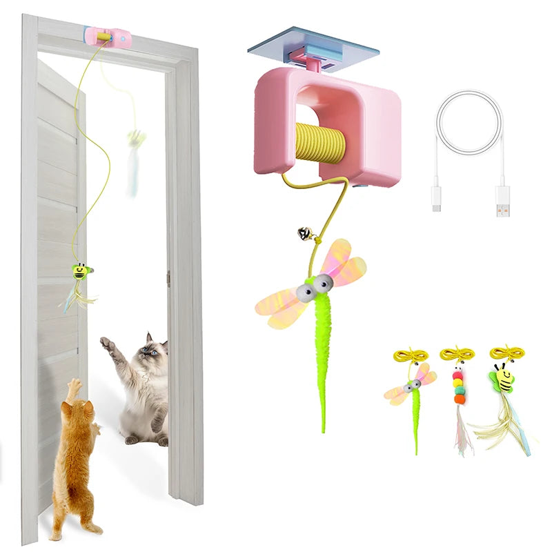 Hanging Cat Teaser – Retractable Feather Toy for Doorways