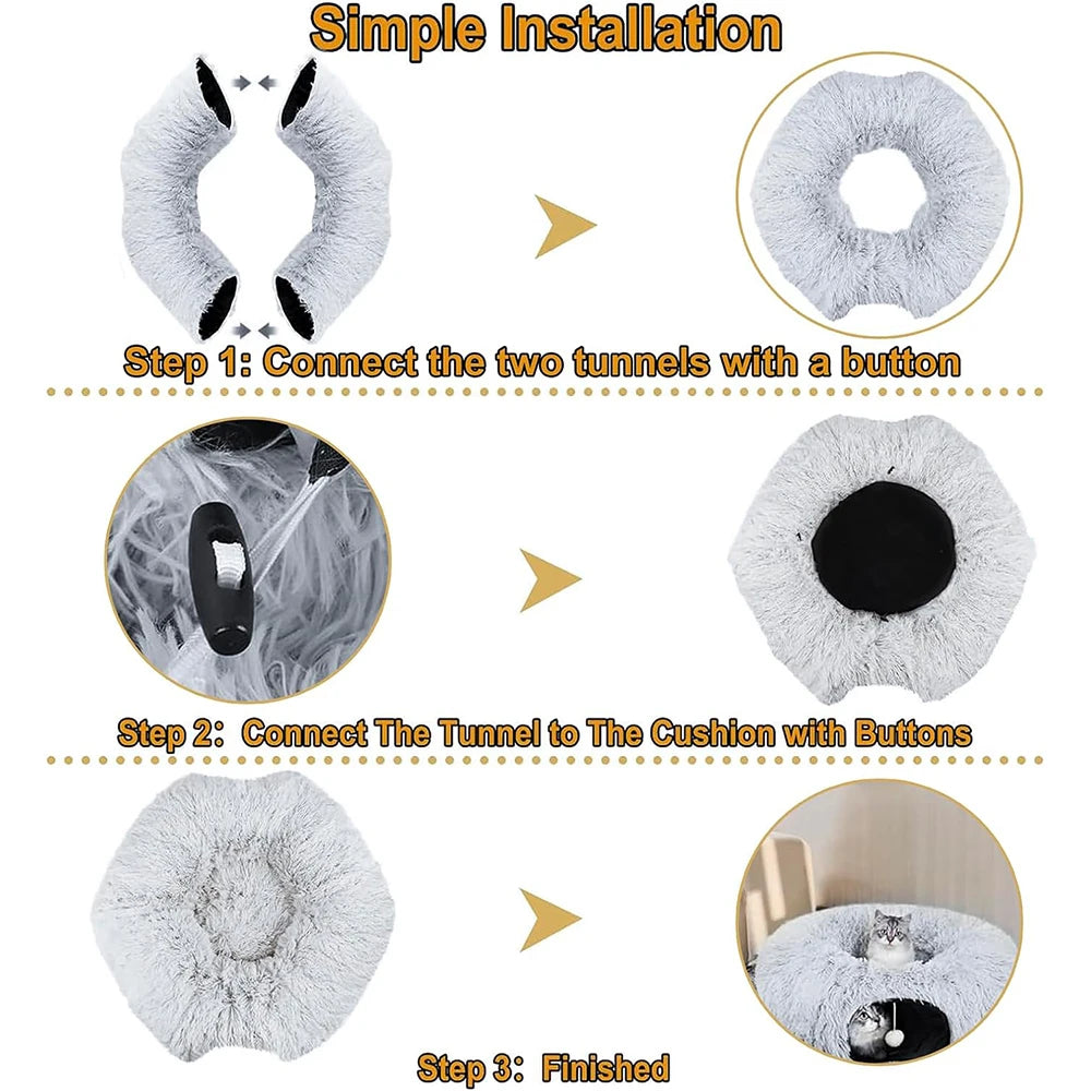 Plush Cat Tunnel Bed - Folds Into a Round Nest