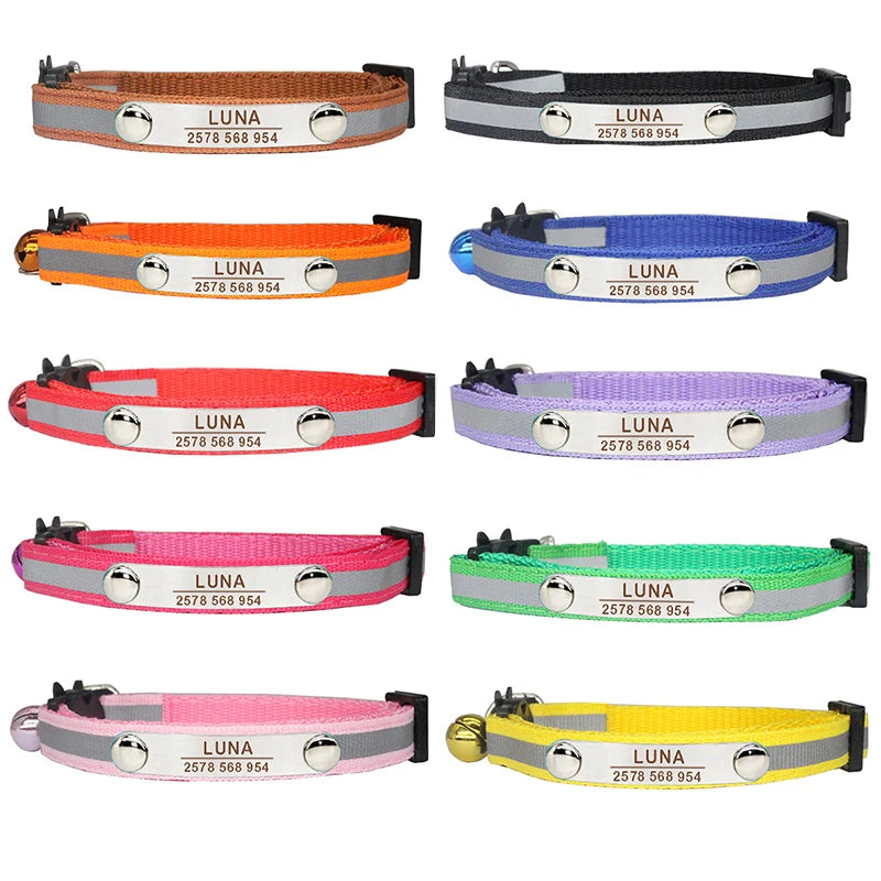 Personalised Cat Collar – Engraved ID, Reflective with Safety Buckle & Bell