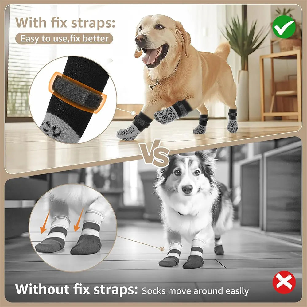 Anti-Slip Dog Socks – Set of 4 with Adjustable Straps