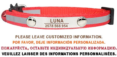 Personalised Cat Collar – Engraved ID, Reflective with Safety Buckle & Bell