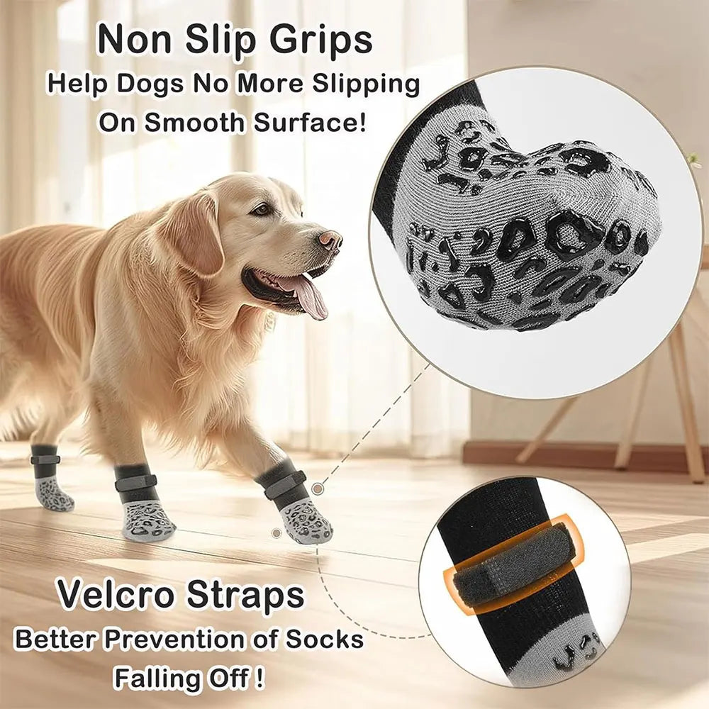 Anti-Slip Dog Socks – Set of 4 with Adjustable Straps