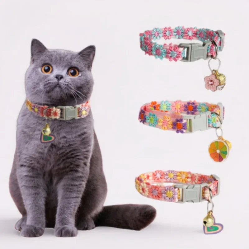 Cherry Blossom Cat Collar – Embroidered Breakaway Collar with Bell