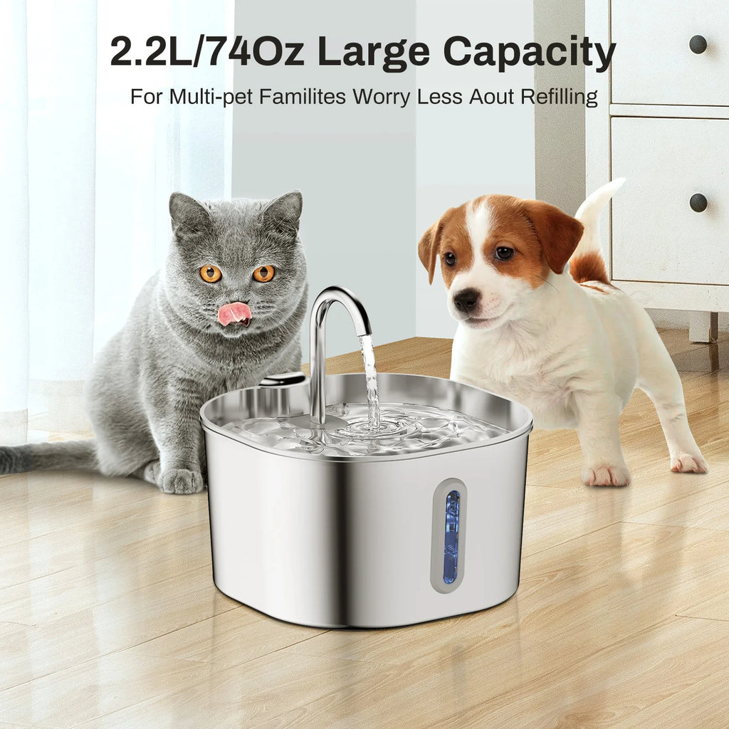 Stainless Steel Pet Water Fountain 2.2L – Quiet USB Drinker