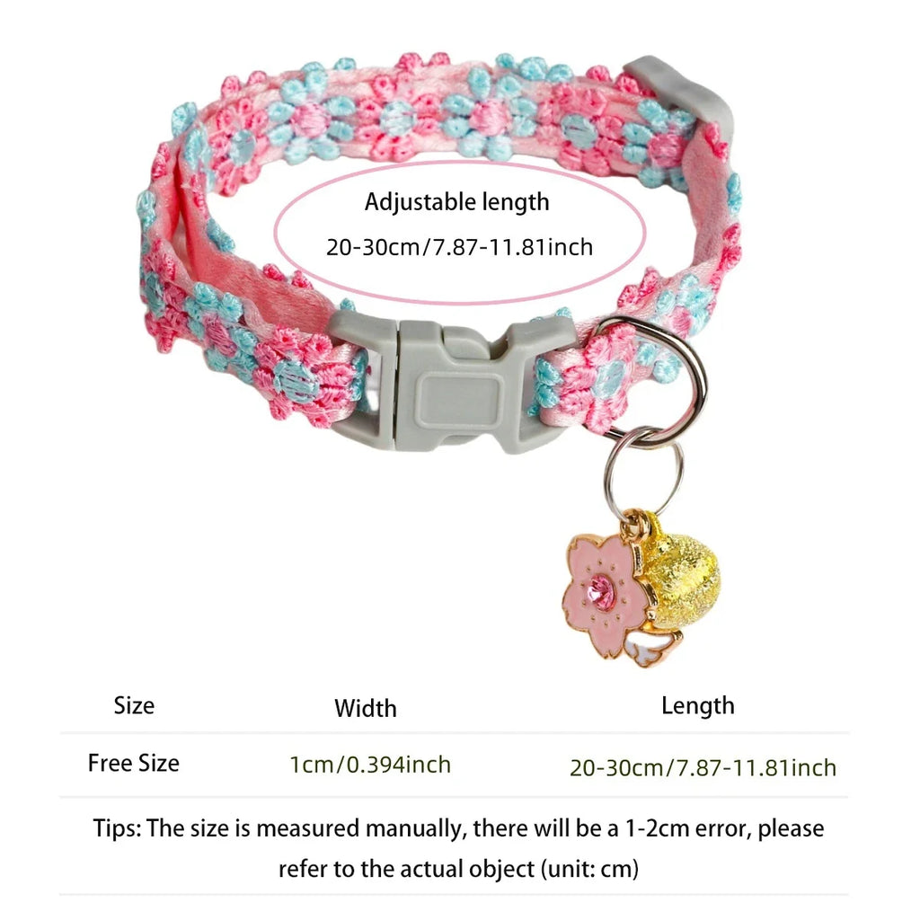 Cherry Blossom Cat Collar – Embroidered Breakaway Collar with Bell