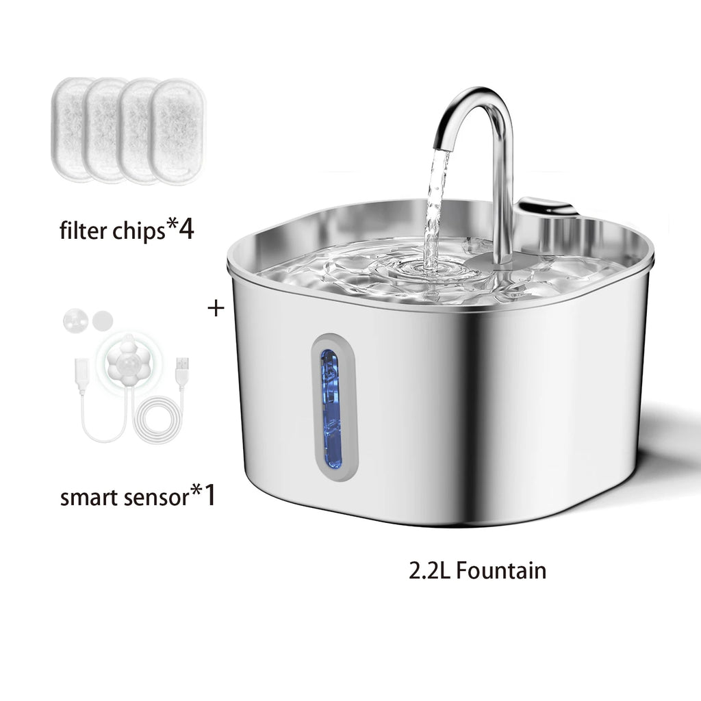 Stainless Steel Pet Water Fountain 2.2L – Quiet USB Drinker