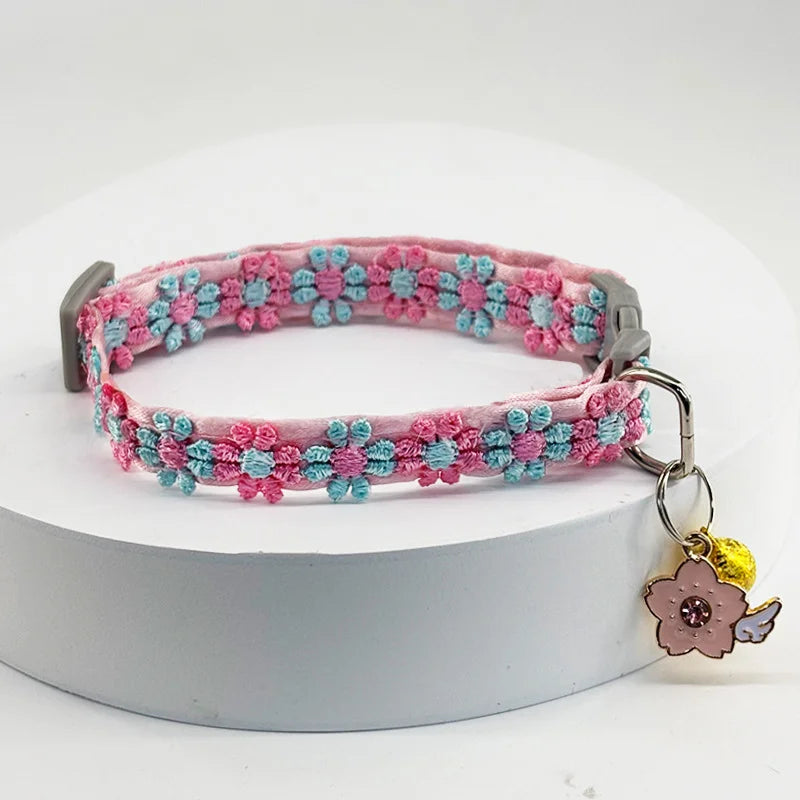 Cherry Blossom Cat Collar – Embroidered Breakaway Collar with Bell