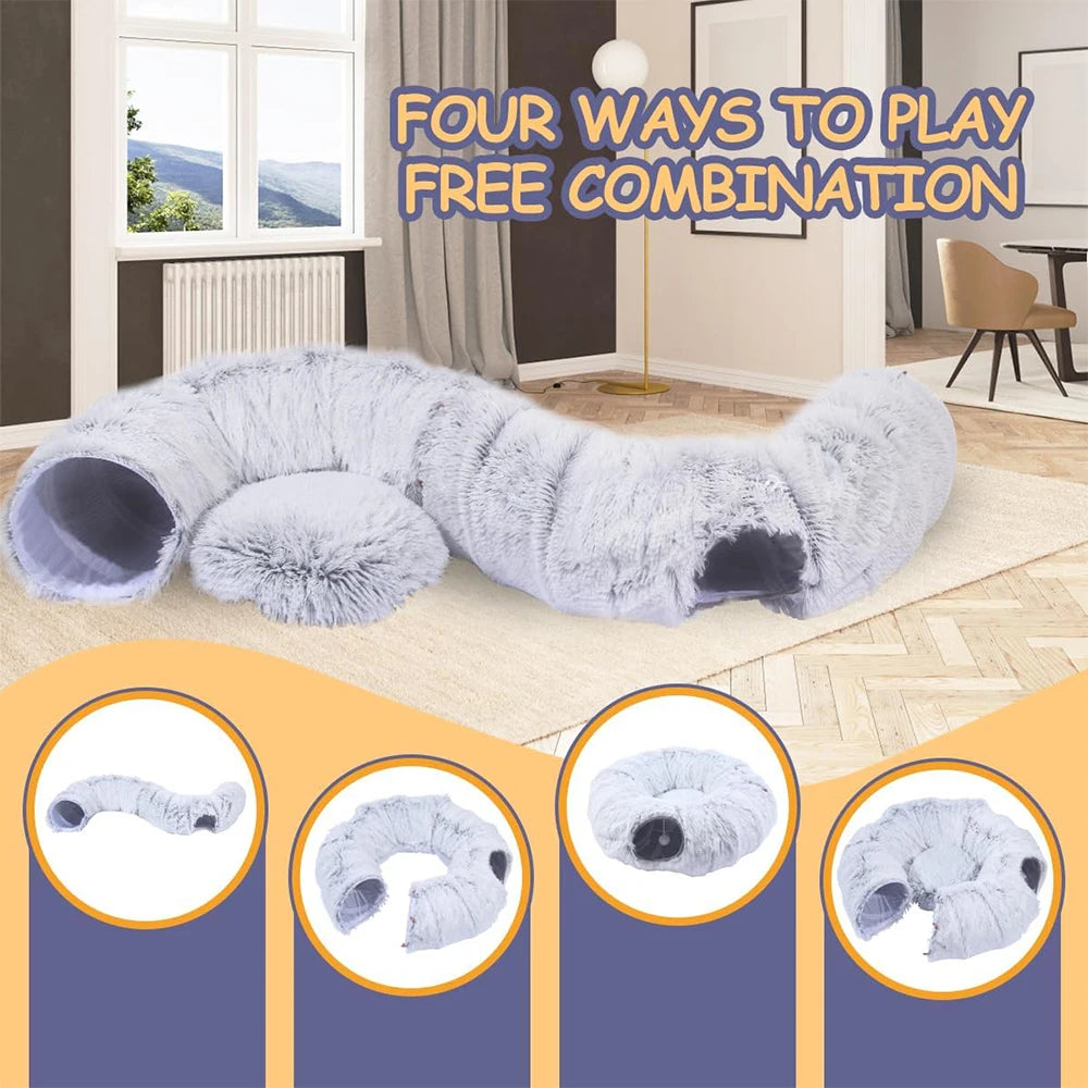 Plush Cat Tunnel Bed - Folds Into a Round Nest