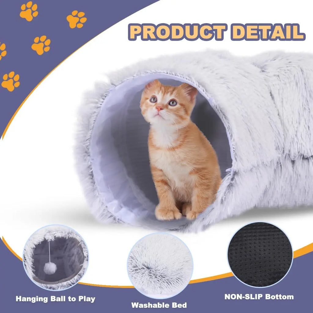Plush Cat Tunnel Bed - Folds Into a Round Nest
