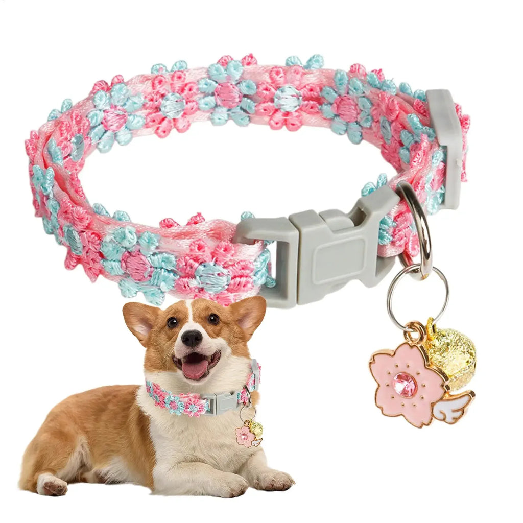 Cherry Blossom Cat Collar – Embroidered Breakaway Collar with Bell