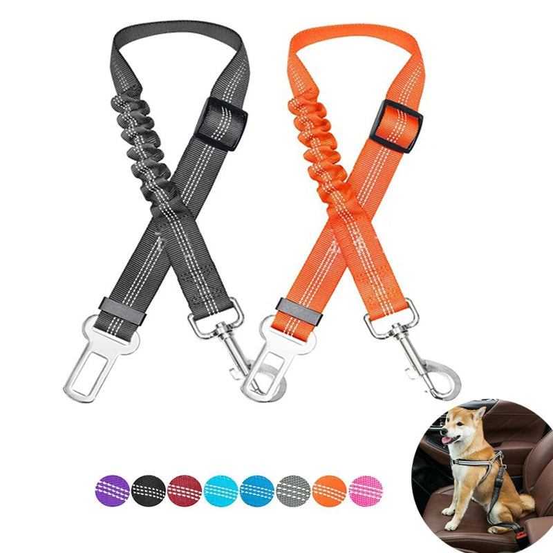 Adjustable Dog Car Seat Belt Tether – Reflective with Elastic Section