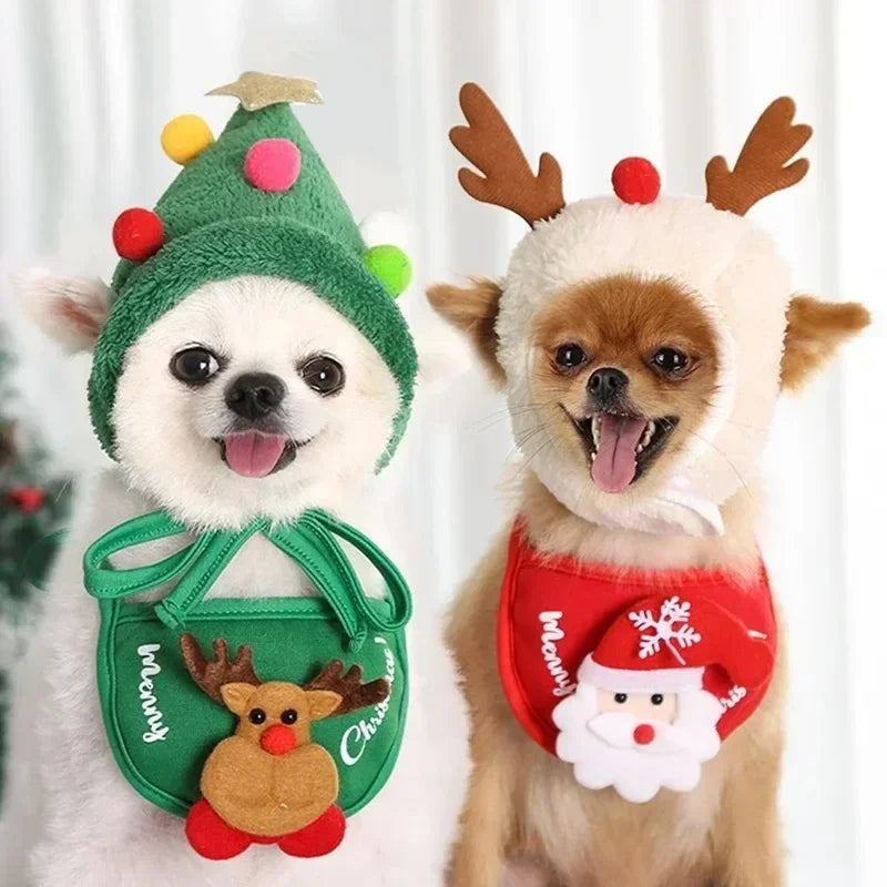 Christmas Pet Hat & Bandana Set – Festive Outfit for Cats & Small Dogs