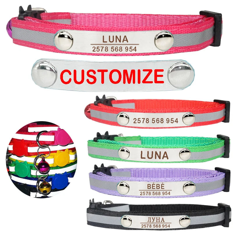 Personalised Cat Collar – Engraved ID, Reflective with Safety Buckle & Bell