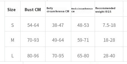 Size chart – chest, belly, neck and weight