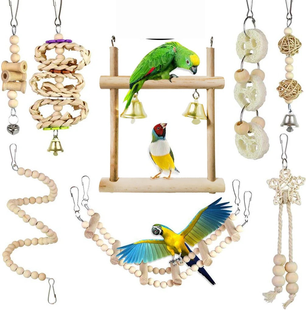 Set of 8 wooden bird toys with swing and ladder