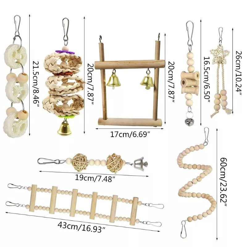 Dimensions of each piece in the bird toy set