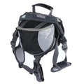 A black and gray dog harness with padded shoulder straps and a top handle, shown from a three-quarter angle on a plain white background.