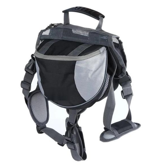 A black and gray dog harness with padded shoulder straps and a top handle, shown from a three-quarter angle on a plain white background.